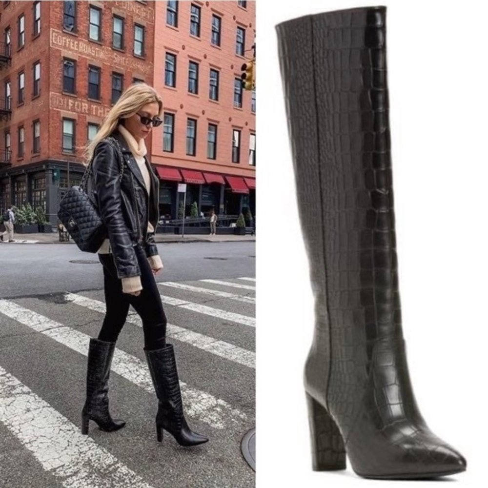 Paige Carmen Knee High Boots 6 Black Croc Embossed Heel Bella Hadid NWOB Pointy